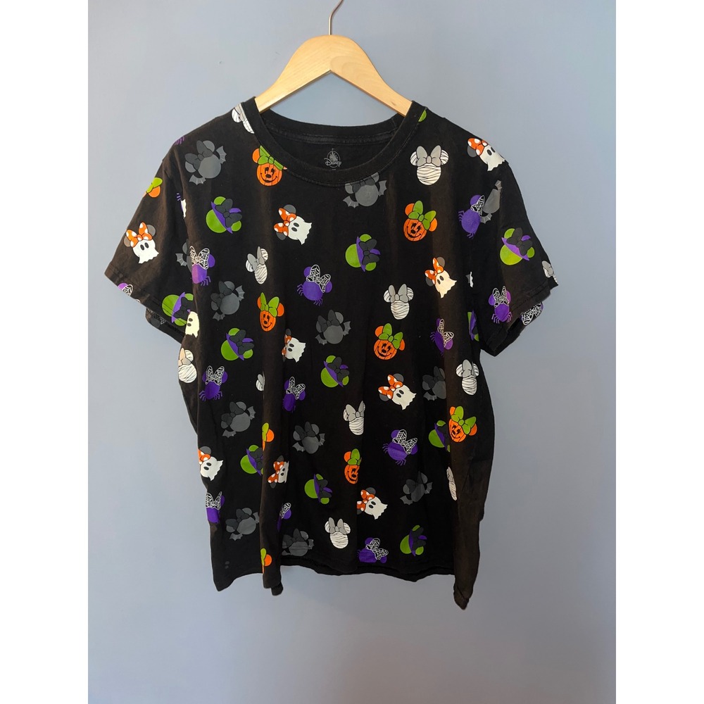 Disney‎ Halloween Minnie Mouse Pumpkin Ghost Bat Spider Print Black T Shirt 2XL